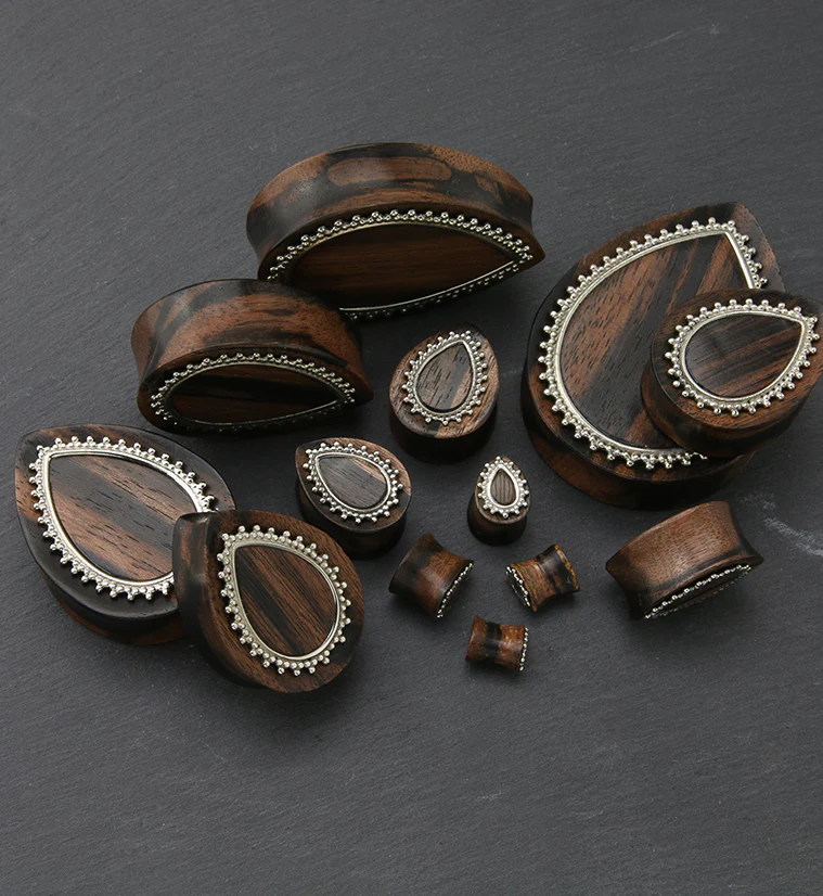 Adorn White Brass Inlay Areng Wood Teardrop Plugs - Image 2