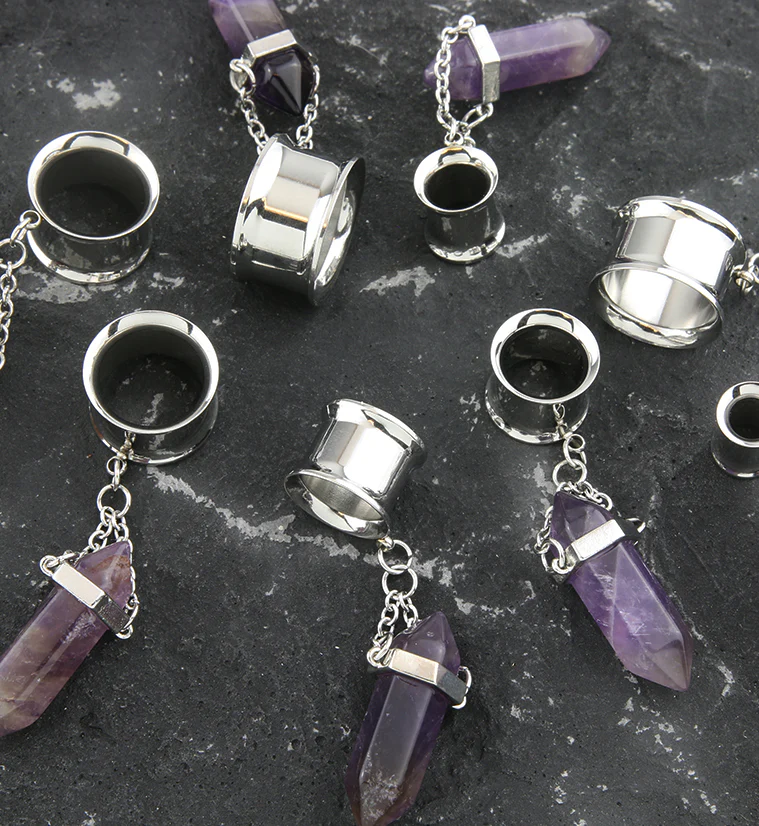 Amethyst Crystal Dangle Stainless Steel Tunnel Plugs - Image 2