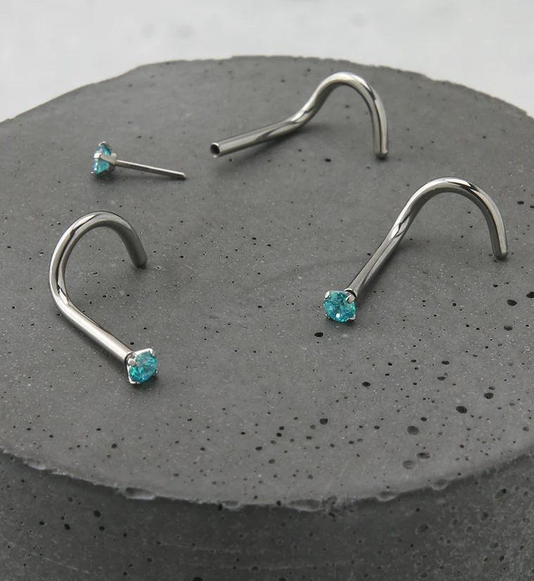 Aqua CZ Titanium Threadless Nose Screw Ring - Image 2
