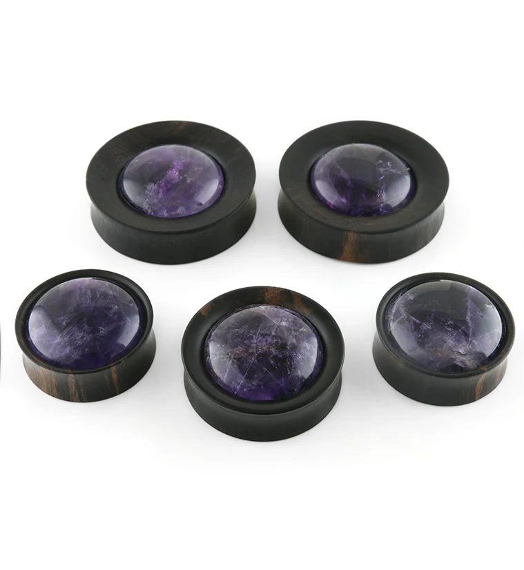 Areng Wood Plugs with Amethyst Stone Inlay