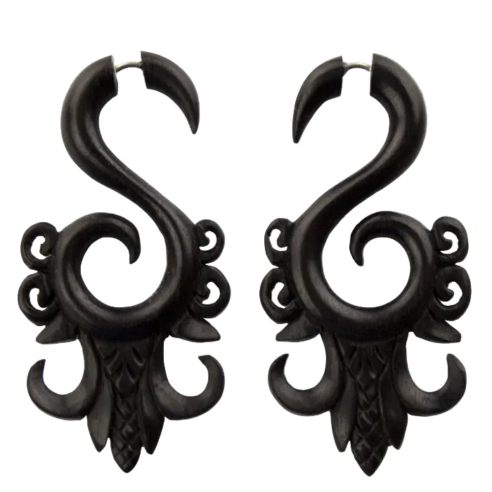 Areng Wooden Ornate Fake Gauges Earrings