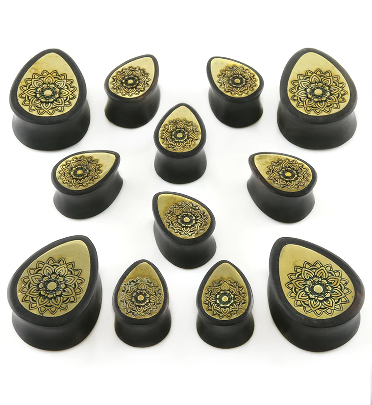 Areng Wooden Teardrop Plugs with Mandala Brass Inlay - Image 2