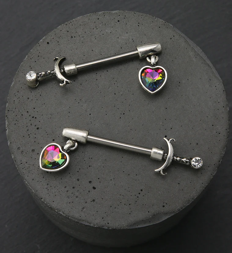 Arrow Dangle Black Aurora CZ Heart Stainless Steel Nipple Barbell - Image 2
