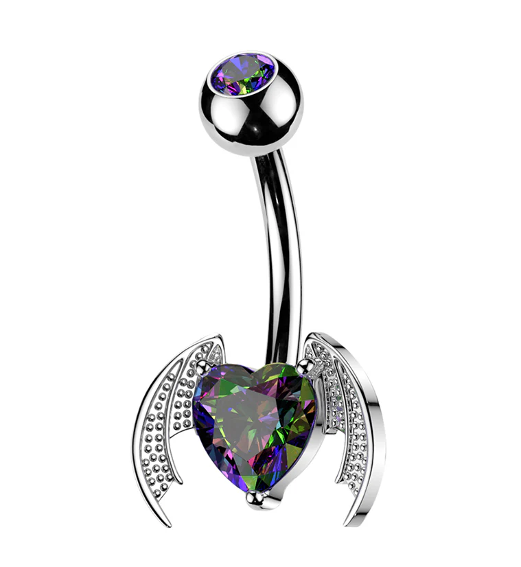 Bat Wing Heart Black Aurora CZ Stainless Steel Externally Threaded Belly Button Ring