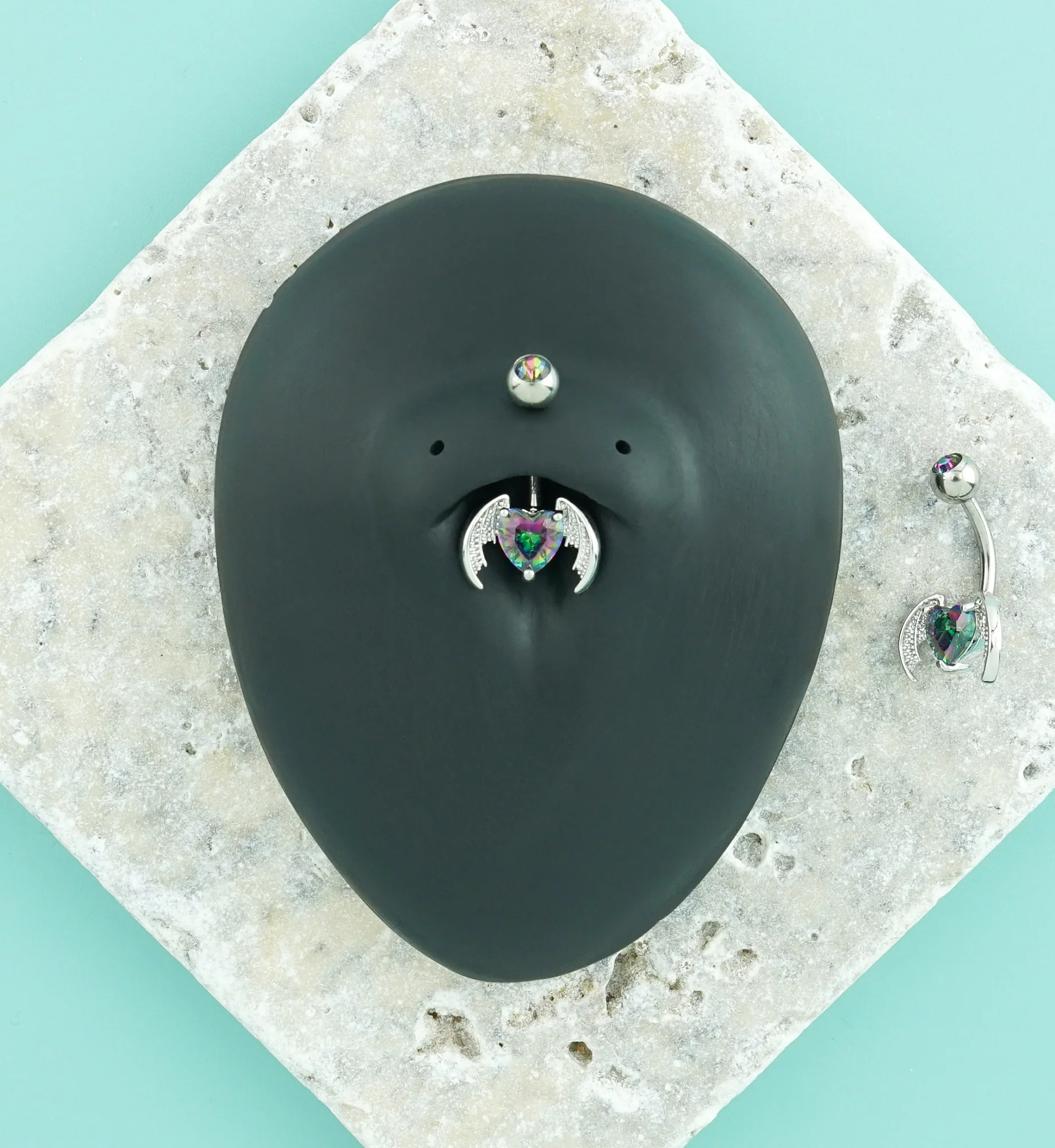 Bat Wing Heart Black Aurora CZ Stainless Steel Externally Threaded Belly Button Ring - Image 2