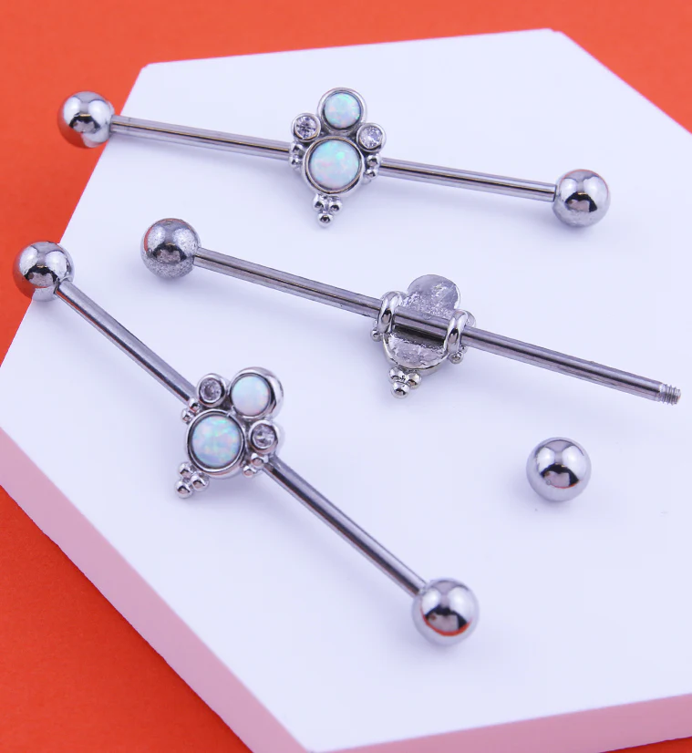 Beaded Double White Opalite Stainless Steel Industrial Barbell - Image 2