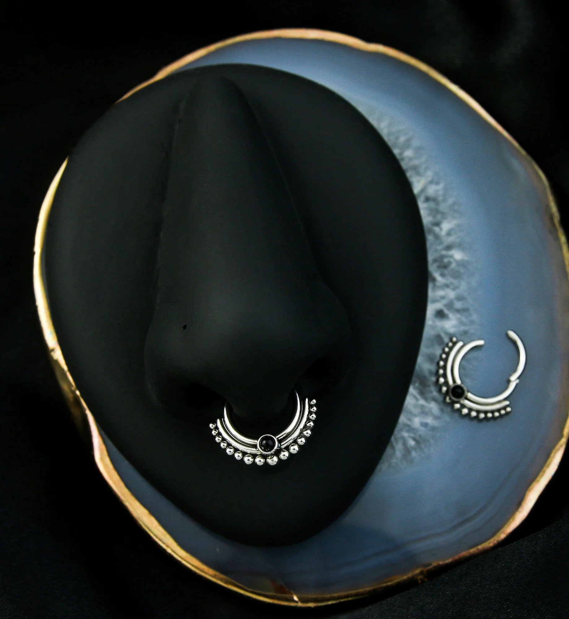 Beaded Row Black Onyx Stainless Steel Hinged Segment Ring - Image 2