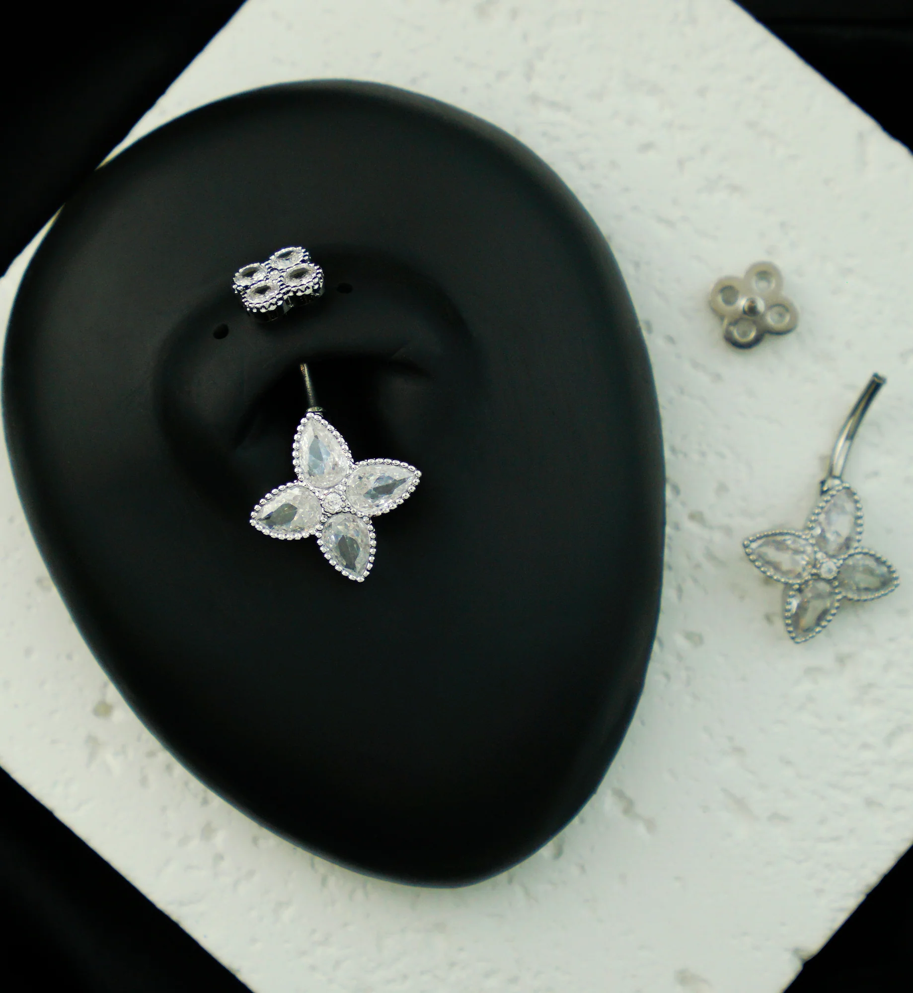 Beaded Teardrop Flower Clear CZ Stainless Steel Belly Button Ring - Image 2