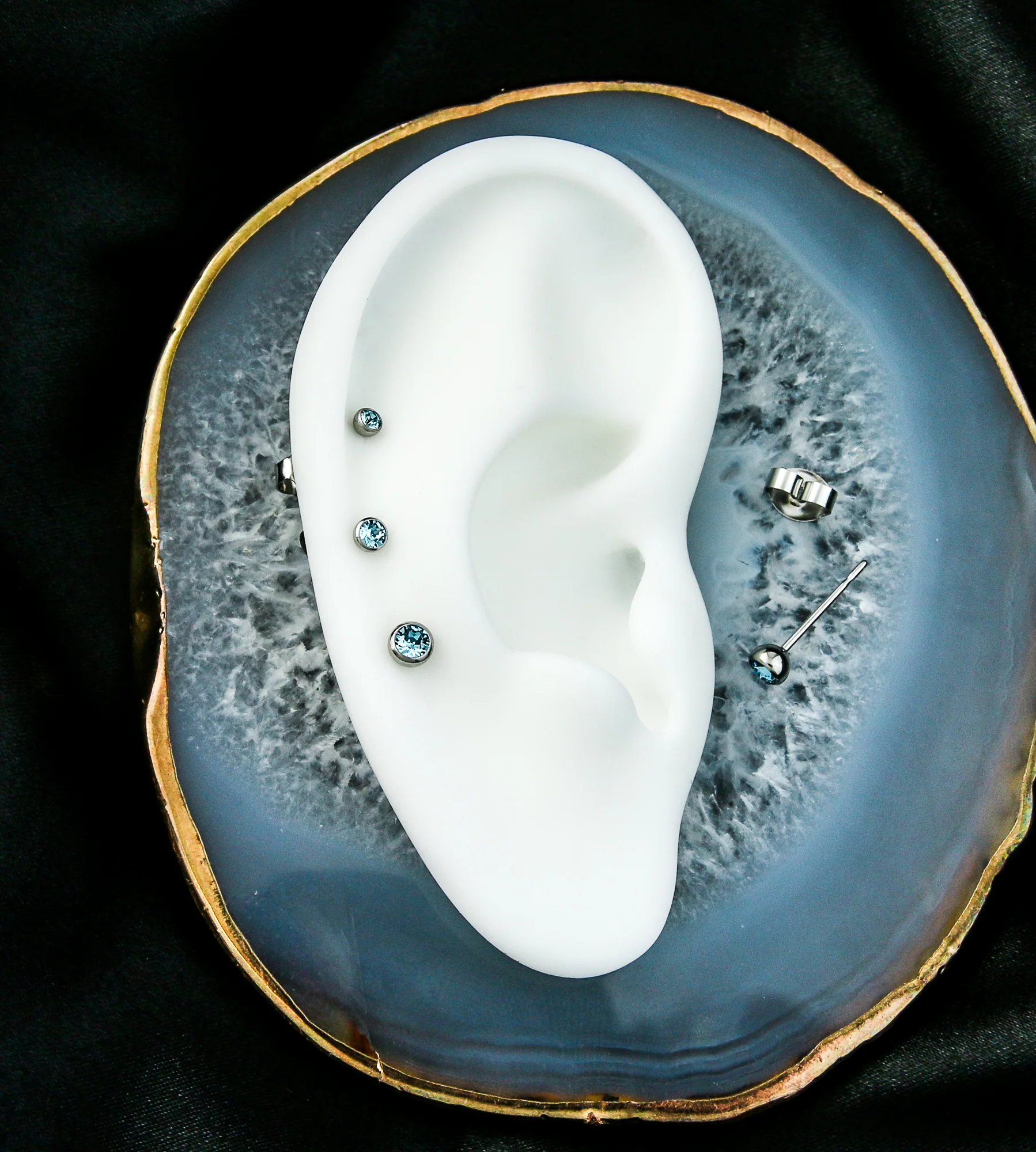 Aqua Bezel CZ Stainless Steel Stud Earrings - Image 2