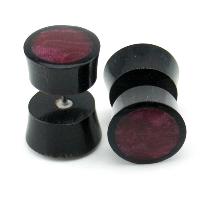 Black Horn Fake Gauges Plugs With Magenta Resin Inlay - Image 2