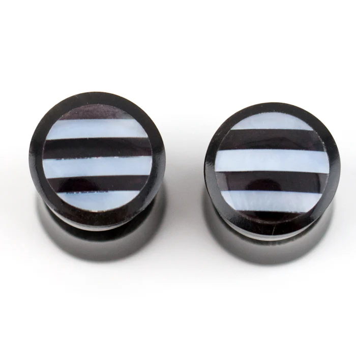 Black Horn Fake Gauges Plugs With Stripe Mop Inlay - Image 2