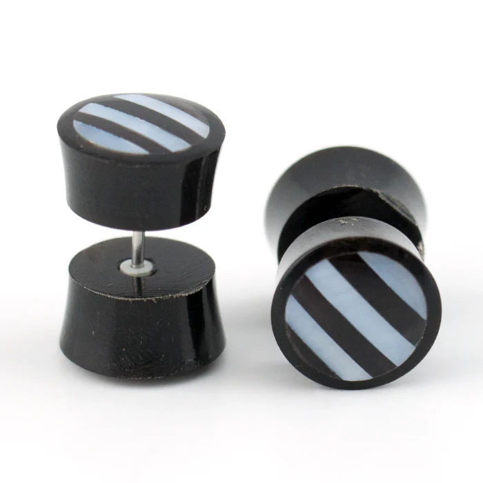 Black Horn Fake Gauges Plugs With Stripe Mop Inlay - Image 3