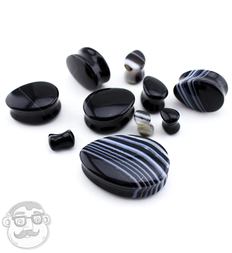 Black Line Agate Stone Teardrop Plugs - Image 4
