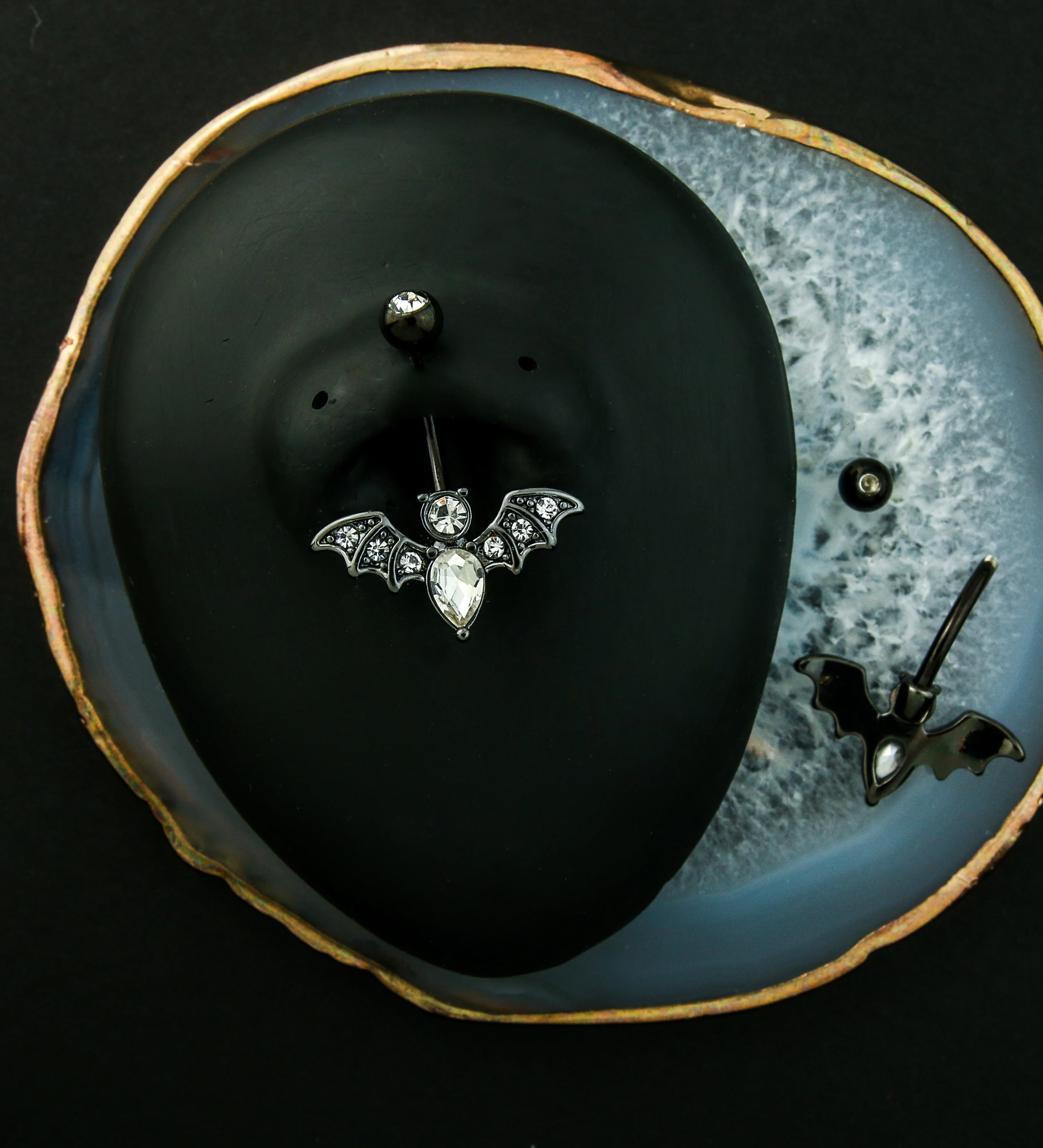 Black PVD Bat Clear CZ Stainless Steel Belly Button Ring - Image 2