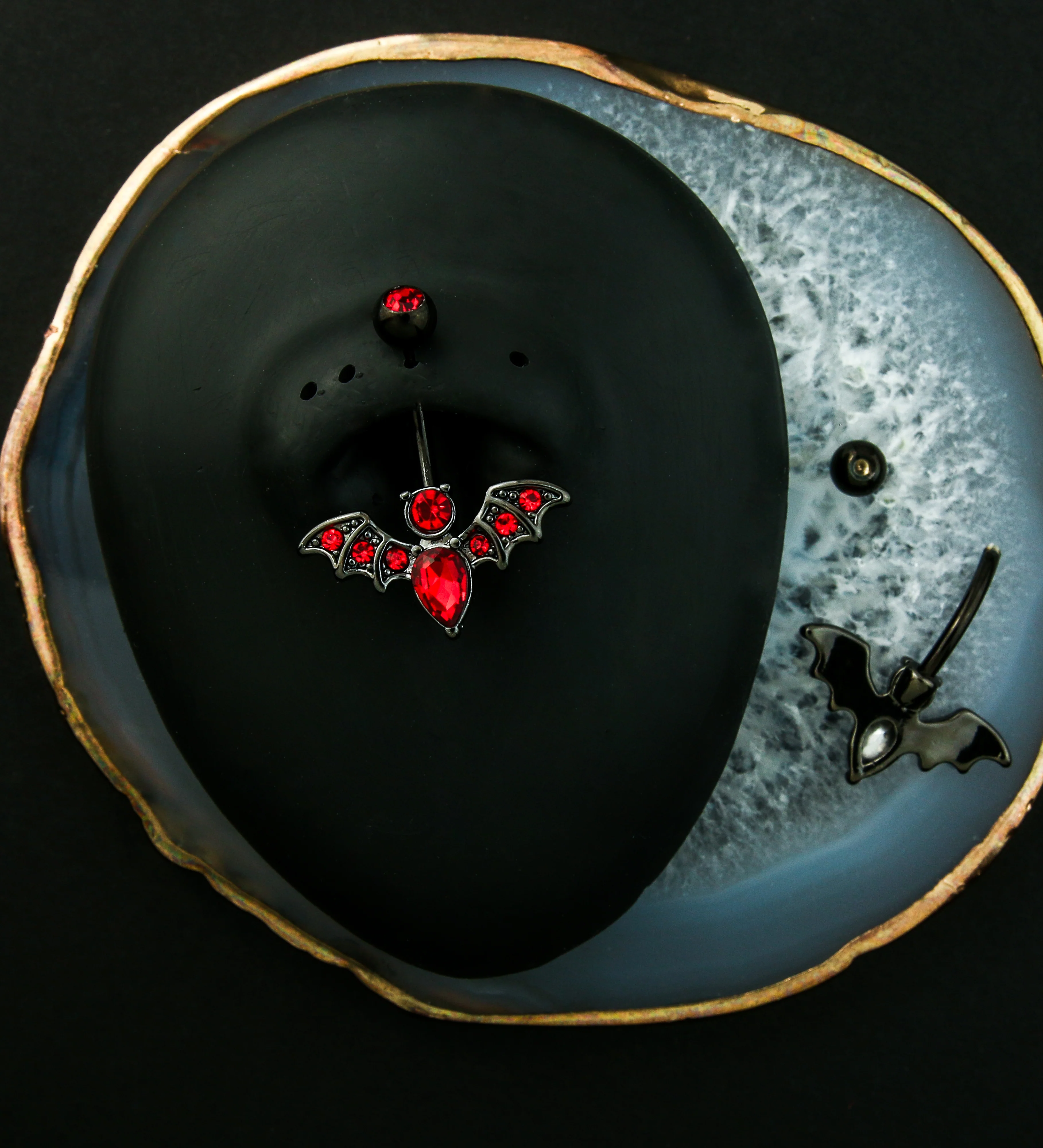 Black PVD Bat Red CZ Stainless Steel Belly Button Ring - Image 2