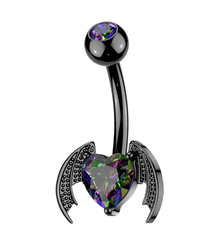 Black PVD Bat Wing Heart Black Aurora CZ Stainless Steel Externally Threaded Belly Button Ring