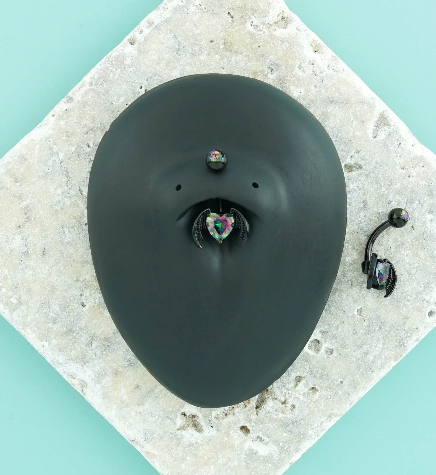 Black PVD Bat Wing Heart Black Aurora CZ Stainless Steel Externally Threaded Belly Button Ring - Image 2