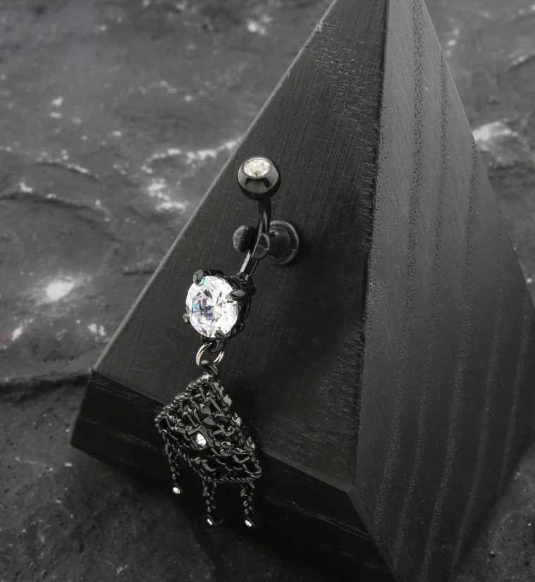 Black PVD Chandelier CZ Dangle Stainless Steel Belly Button Ring - Image 2