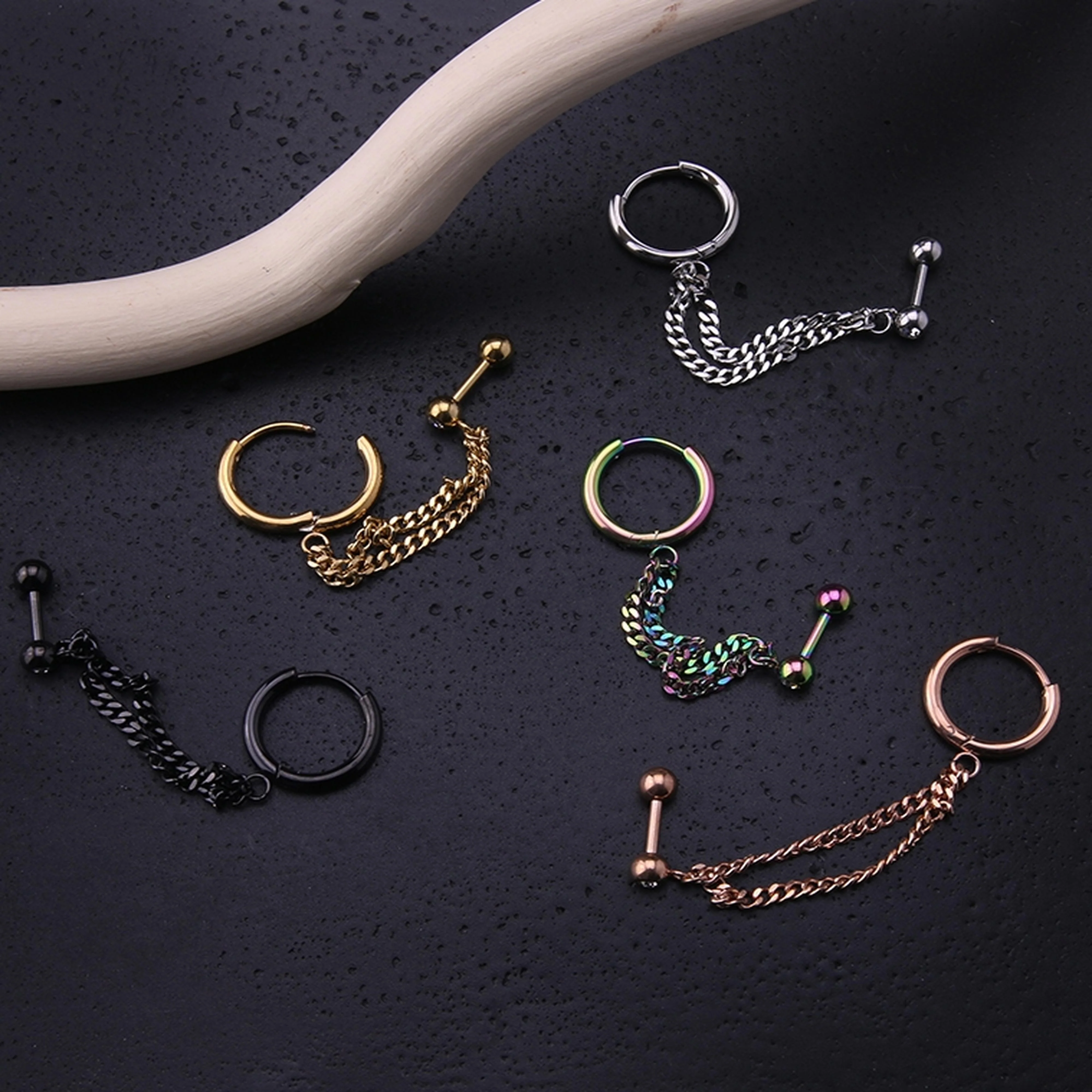 Black PVD Double Linked Hinged Hoop Ring & CZ Cartilage Barbell - Image 2