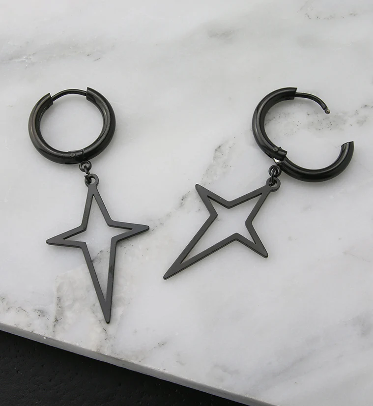 Black PVD Four Point Star Stainless Steel Hinged Earrings - Image 2