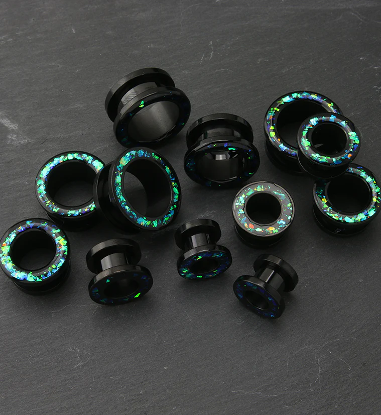 Black PVD Glitter Green Opalite Stainless Steel Screw Back Tunnels - Image 3
