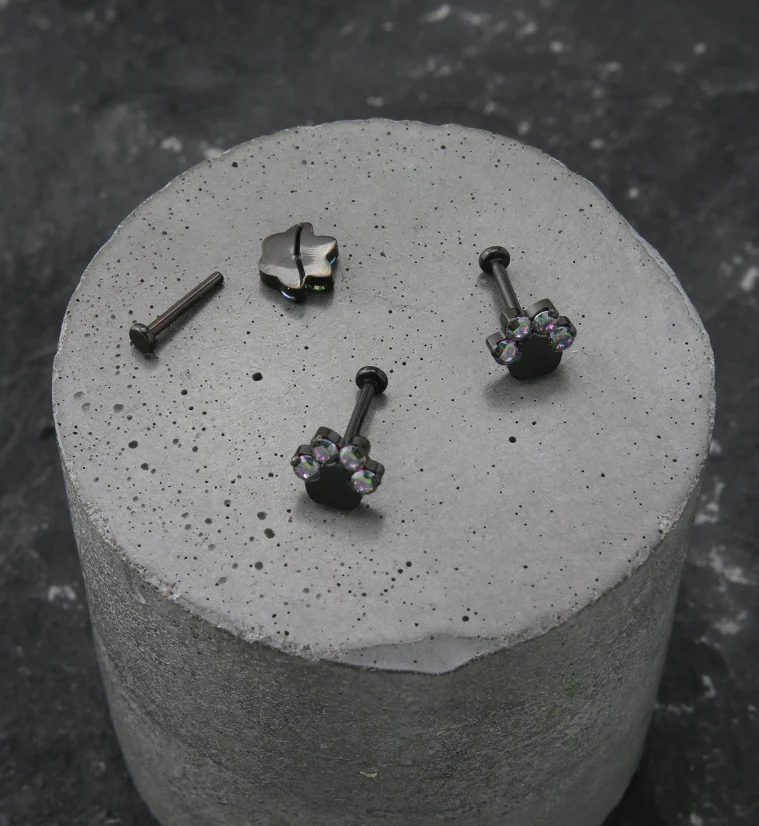 Black PVD Paw Print Black Aurora CZ Titanium Threadless Labret - Image 2
