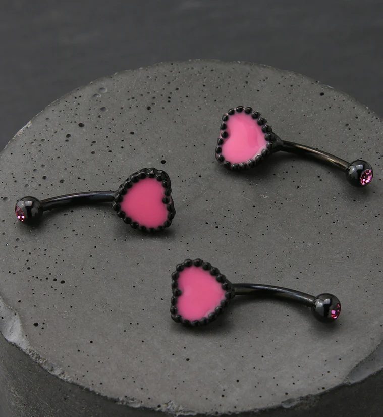 Black PVD Pink Beaded Heart Pink CZ Curved Barbell - Image 3