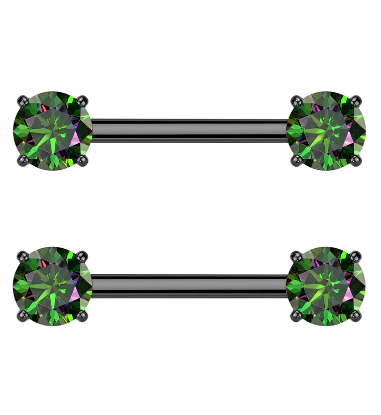 Black PVD Prong Black Aurora CZ Threadless Titanium Nipple Barbells