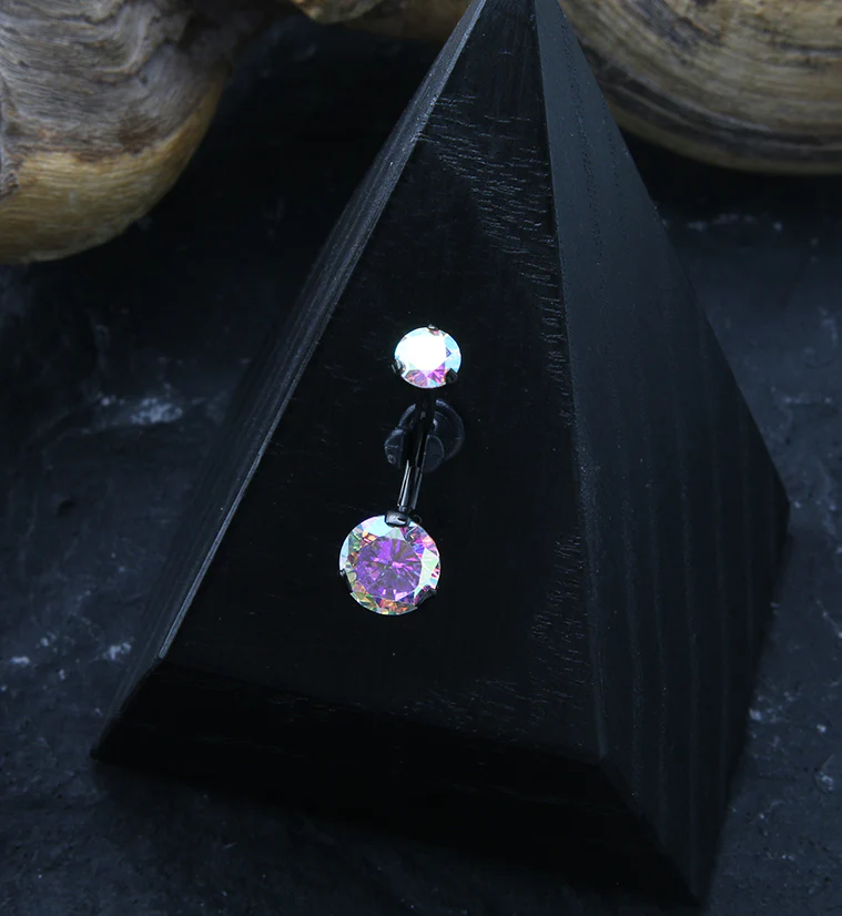 Prong Rainbow Aurora CZ Internally Threaded Black PVD Titanium Belly Button Ring - Image 2