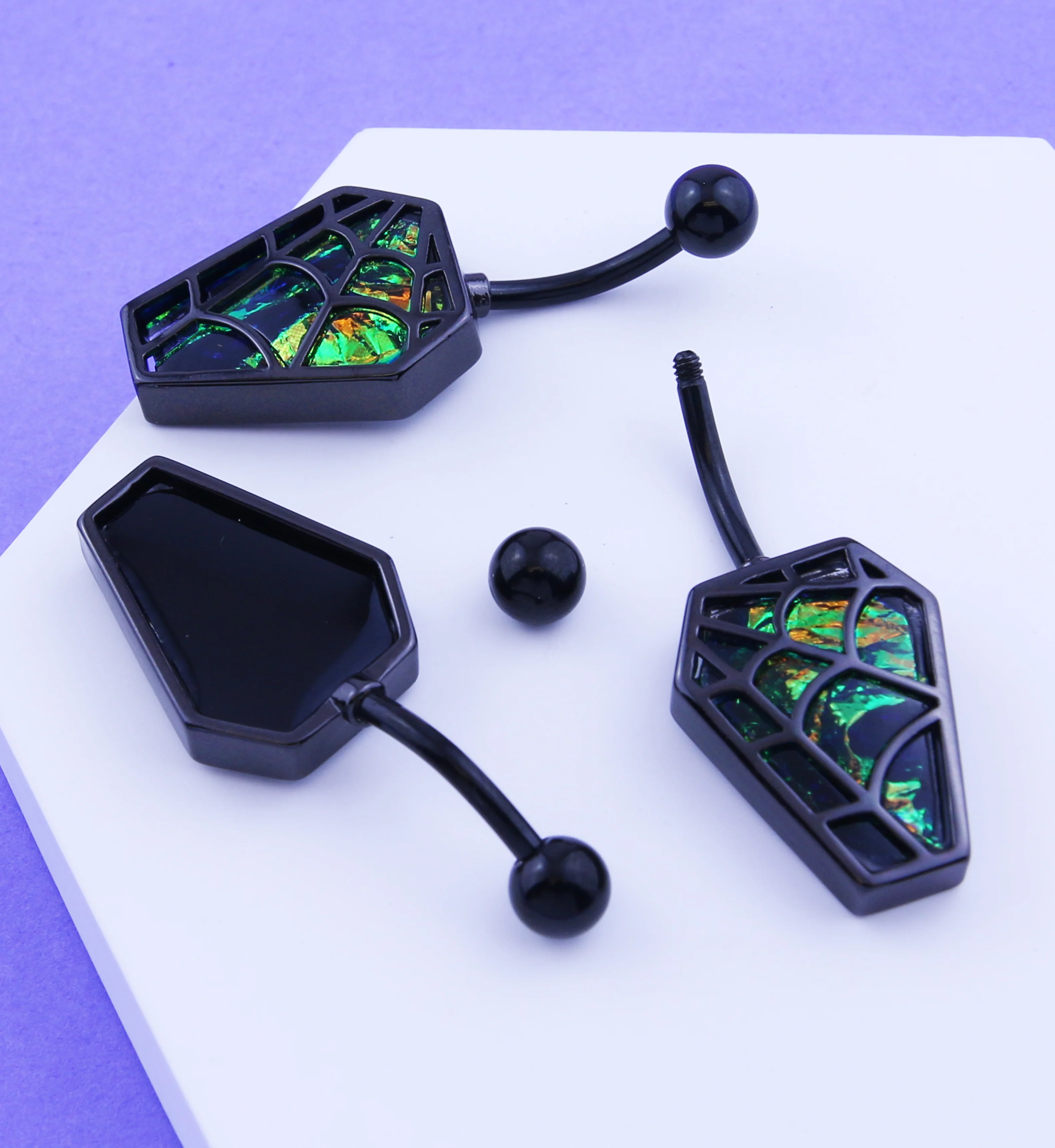 Black PVD Spiderweb Coffin Iridescent Green Stainless Steel Belly Button Ring - Image 2