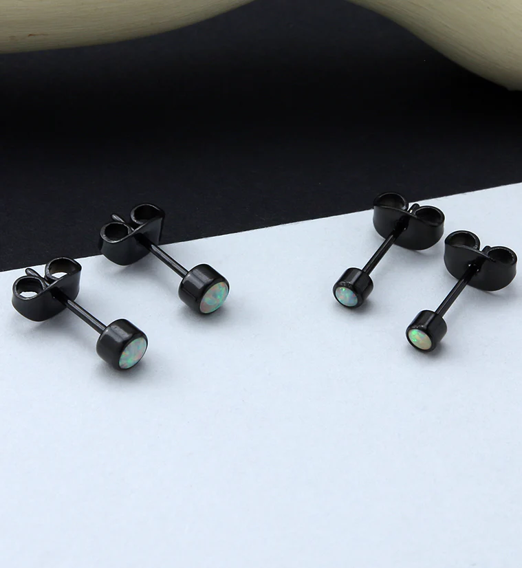 Black PVD White Opal Titanium Bezel Earrings - Image 2