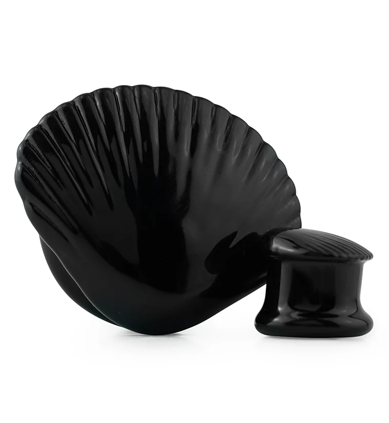 Black Seashell Glass Double Flare Plugs