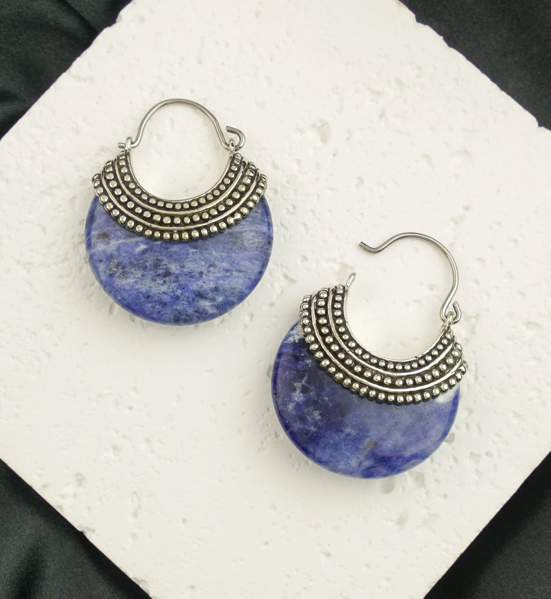 Blue Aventurine Beaded White Brass Stone Earrings - Image 2