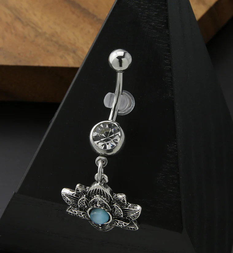 Blue Cat's Eye Lotus Flower Clear CZ Stainless Steel Belly Button Ring - Image 2