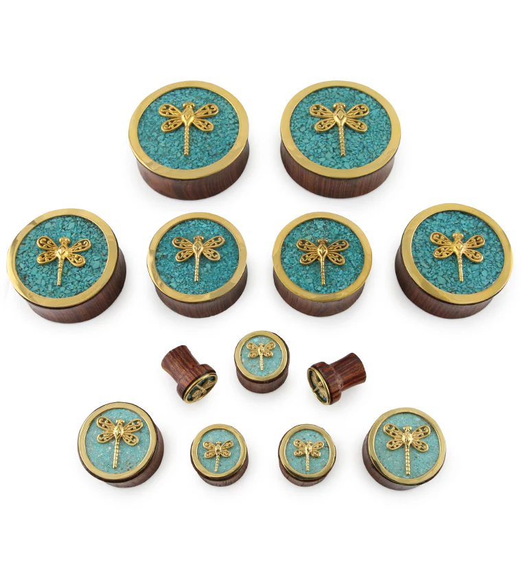 Brass Dragonfly Wood Plugs With Teal Stone Inlay - Image 2