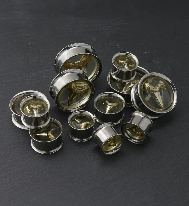 Bronzed Shark Tooth Stainless Steel Tunnel Plugs - Image 2
