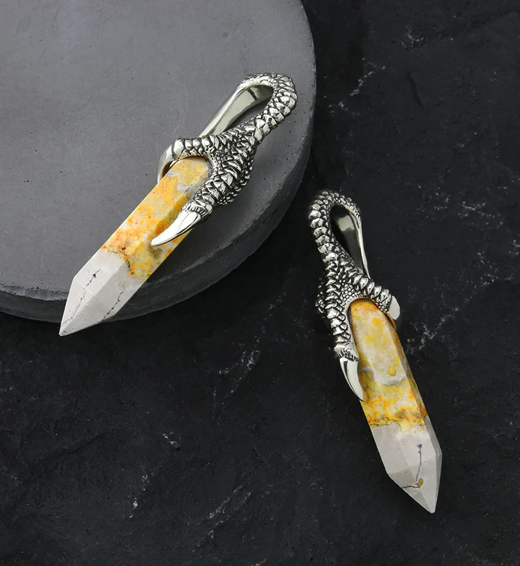 Bumblebee Jasper Stone Raven Claw White Brass Ear Weights