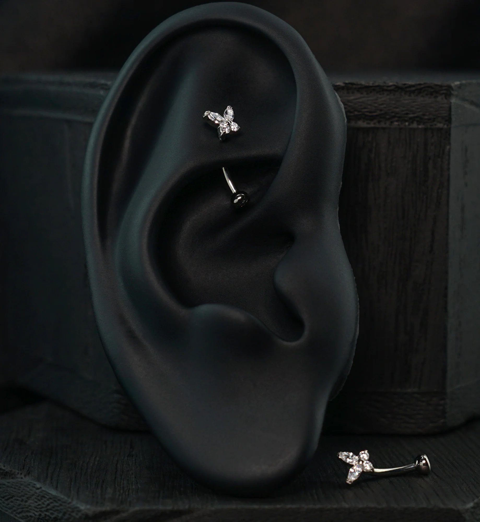 Butterfly Clear CZ Titanium Internally Threaded Curved Barbell - Image 2