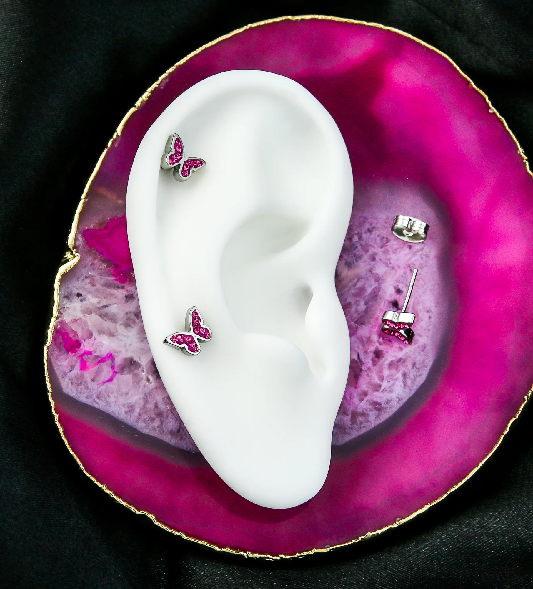 Butterfly Hot Pink CZ Stainless Steel Stud Earrings - Image 2