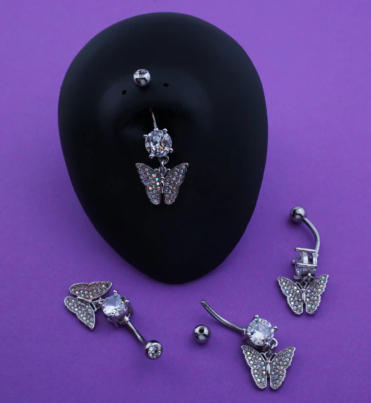 Butterfly Rainbow Aurora CZ Stainless Steel Belly Button Ring - Image 2