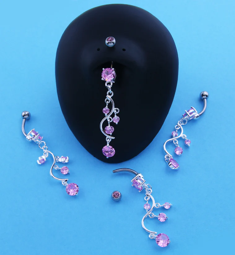 Candelabrum Pink CZ Dangle Stainless Steel Belly Button Ring - Image 2