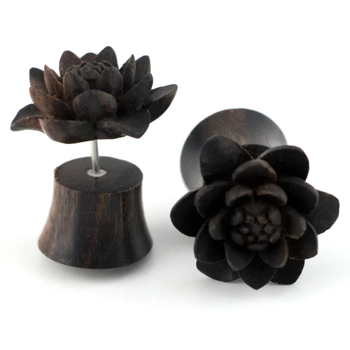 Carved Daisy Flower Sono Wood Fake Gauges Plugs - Image 3