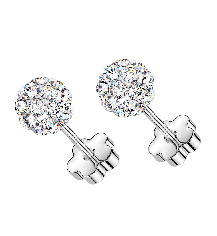 Clear Glitterball Stainless Steel Flower Back Stud Earrings