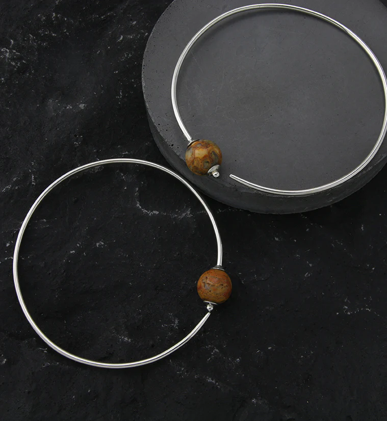 Crazy Lace Agate Stone Orb White Brass Hangers / Plug Hoops