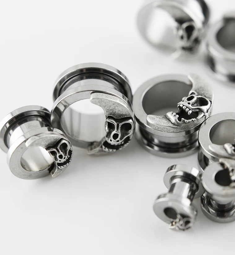 Crescent Moon Skull Stainless Steel Tunnels - Image 3