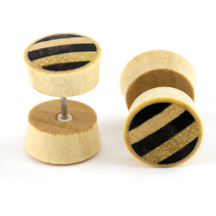 Crocodile Wooden Fake Gauges Plugs With Stripe Wood Inlay - Image 2
