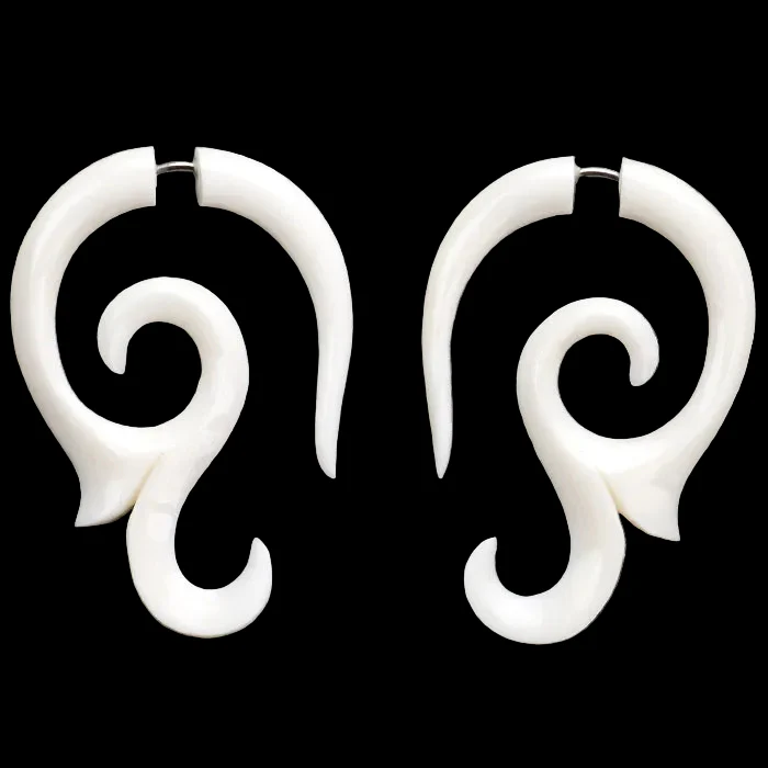Curly Vine Tribal Fake Gauges Bone Earrings