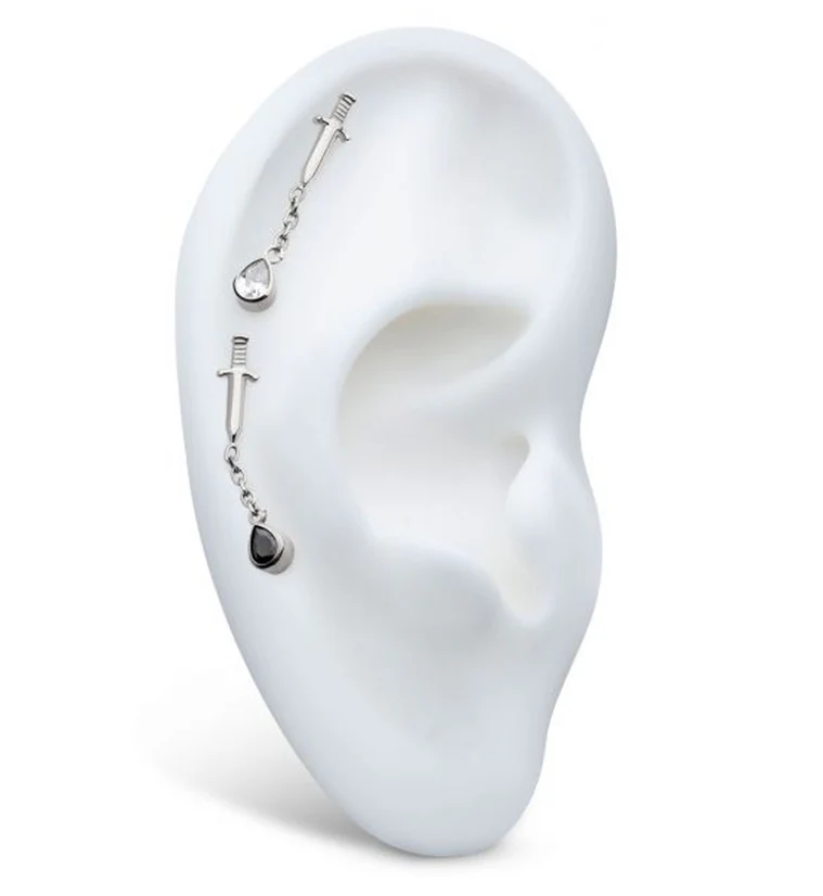 Dagger Dangle Chain Teardrop Clear CZ Threadless Top - Image 3