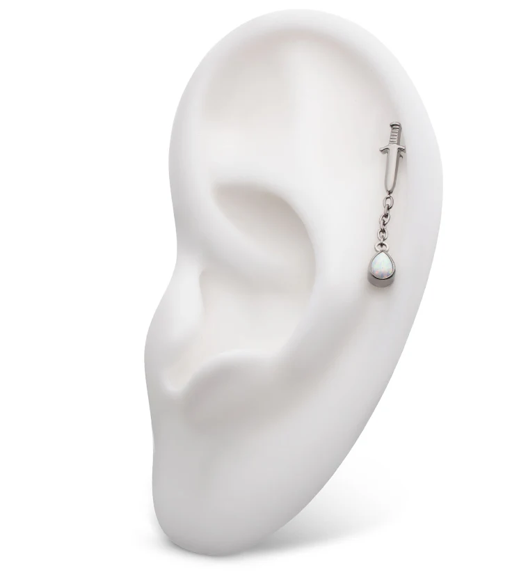 Dagger Dangle Chain Teardrop White Opalite Internally Threaded Titanium Top - Image 3
