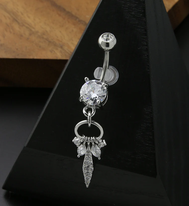 Dangle Charms Long Clear CZ Stainless Steel Belly Button Ring - Image 2